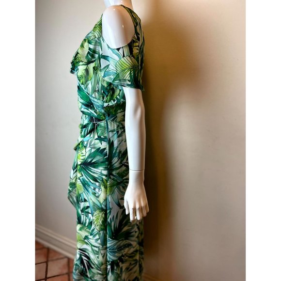 SLNY Women Asymmetrical Sheath Wrap Dress Leaf Print Tie Waist Ruffle Green SZ 6 - Picture 4 of 9